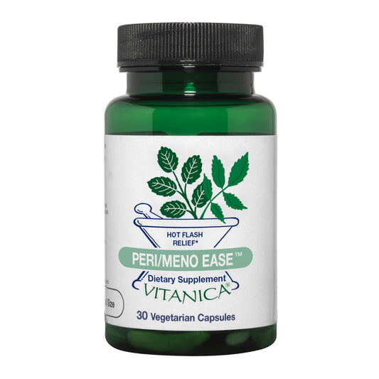 Vitanica Peri/Meno Ease bottle showing slow-release capsules for perimenopause comfort