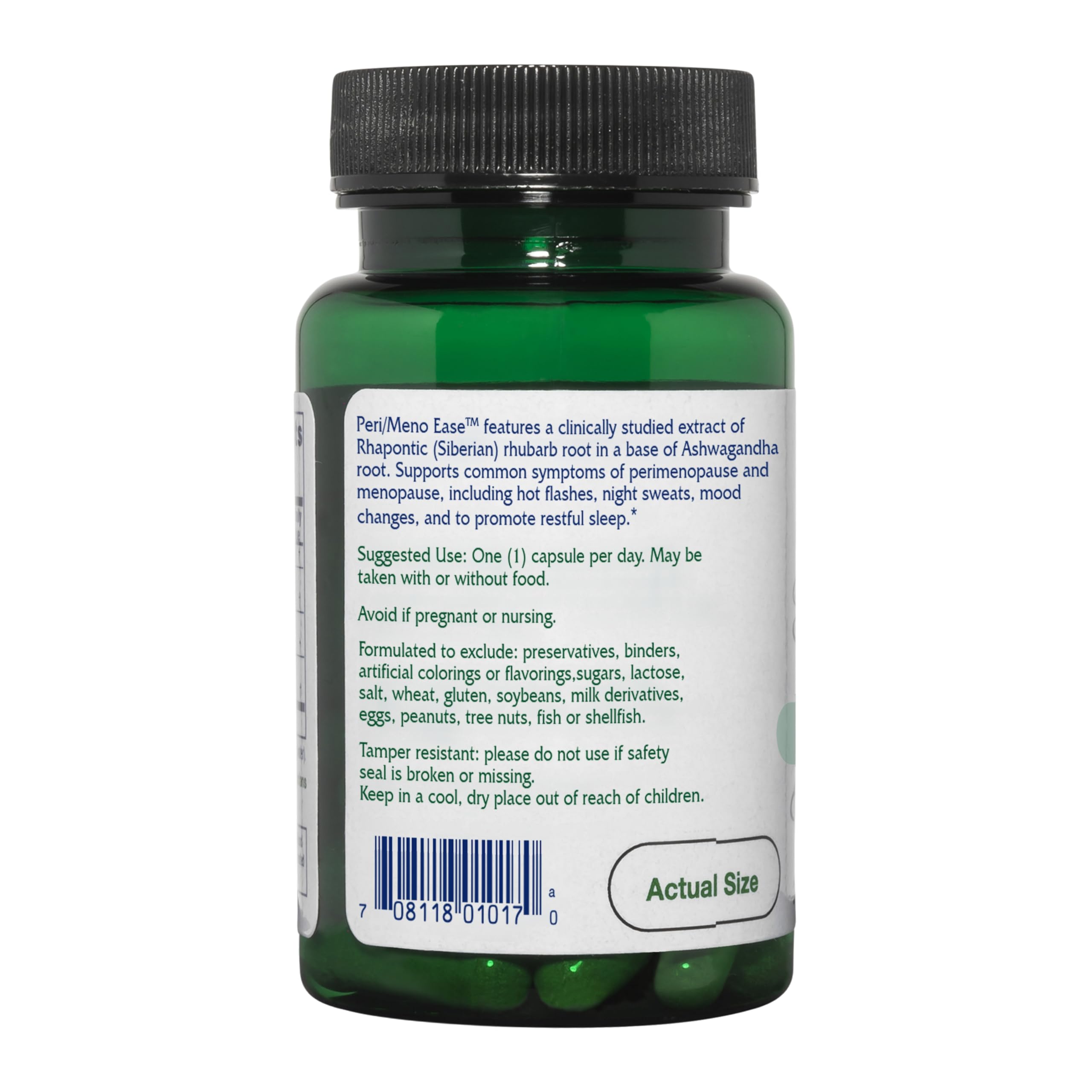 Vitanica Peri/Meno Ease ingredients: vegan, non-GMO blend with ashwagandha and Siberian rhubarb