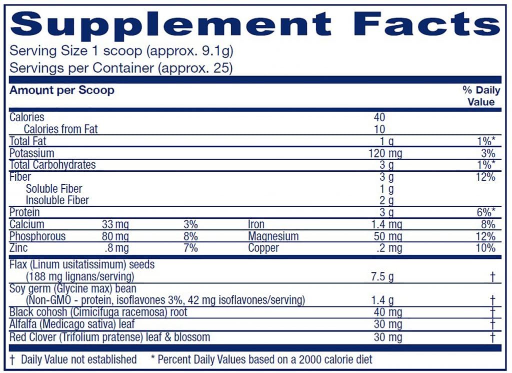Vitanica Phytoestrogen with flax seeds and alfalfa highlights plant-based ingredients for hormonal wellness.
