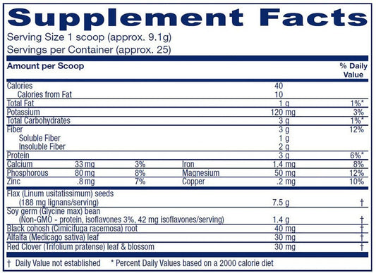 Vitanica Phytoestrogen with flax seeds and alfalfa highlights plant-based ingredients for hormonal wellness.