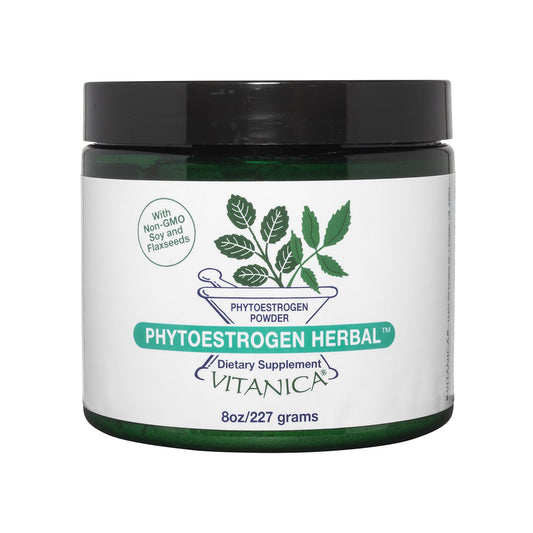 Vitanica Phytoestrogen Herbal Powder bottle for menopause support and daily wellness.
