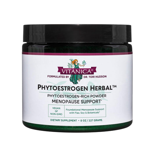 Vitanica Phytoestrogen powder bottle ready for daily menopause support and hot flash relief.