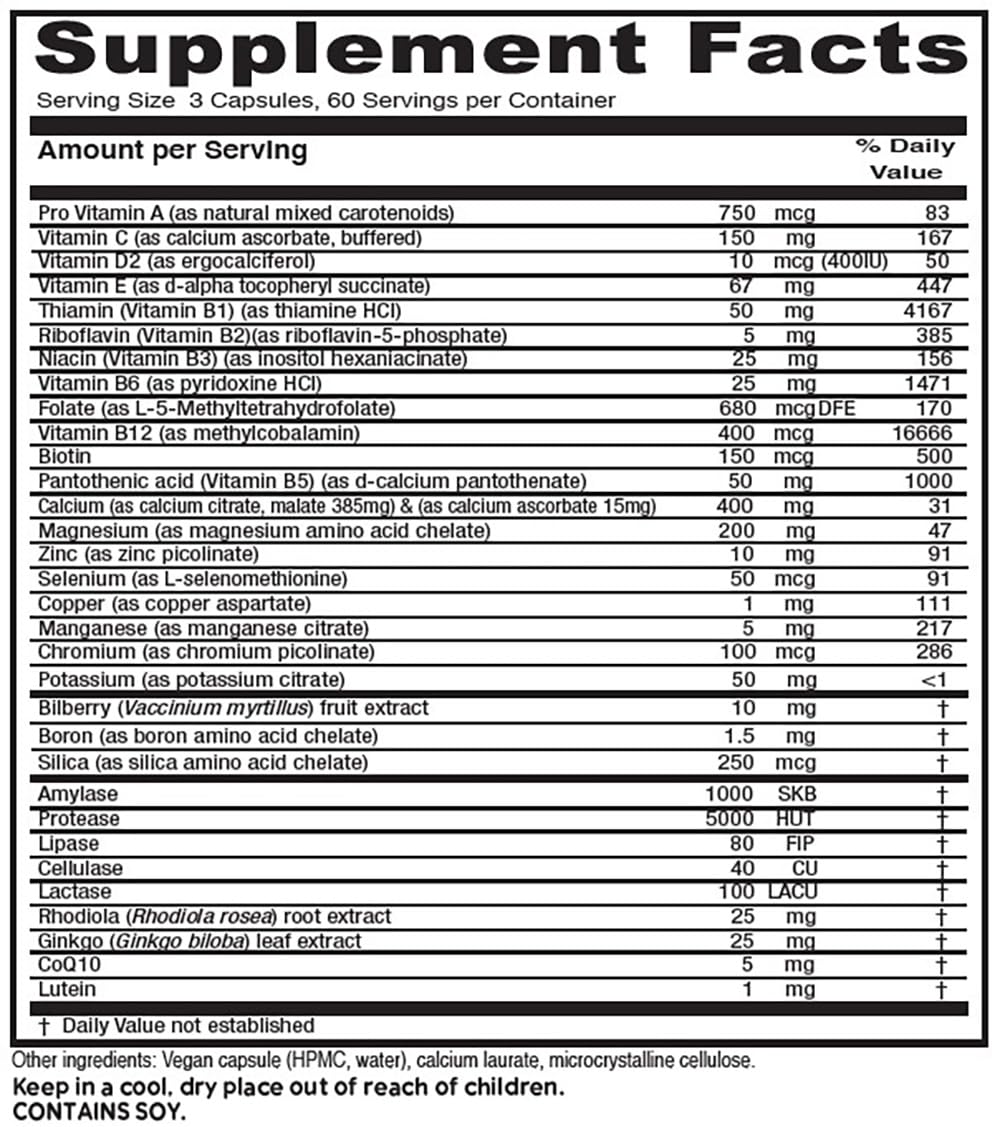 Vitanica Senior Symmetry bottle back showing nutrition facts and details.