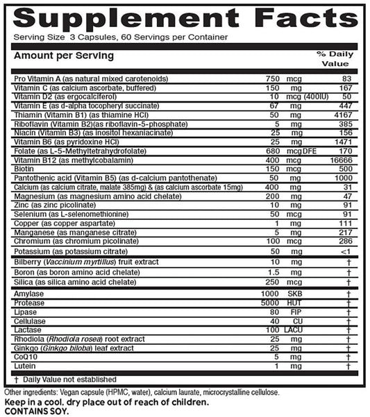 Vitanica Senior Symmetry bottle back showing nutrition facts and details.