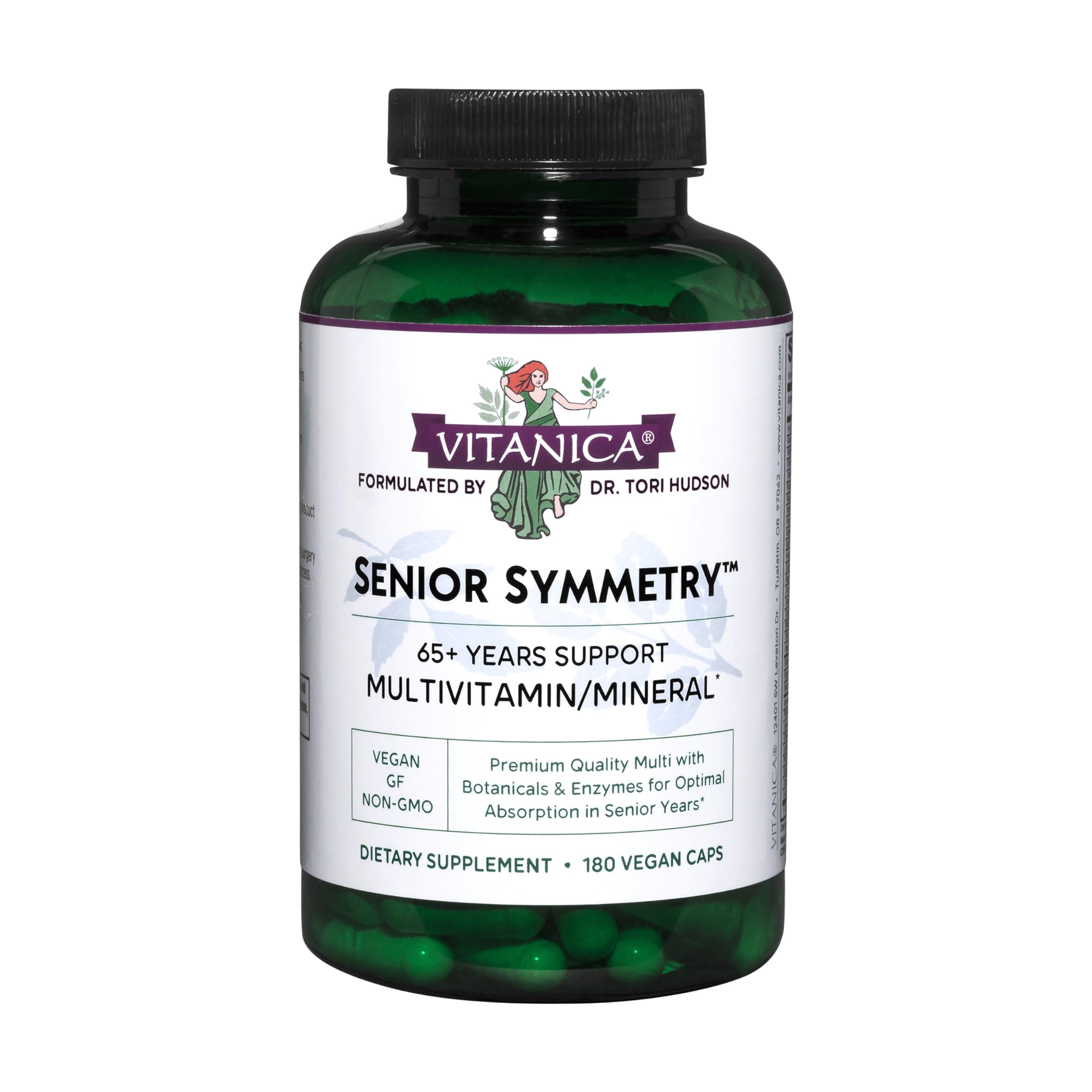Vitanica Senior Symmetry bottle front for aging adults with vegan multivitamin.
