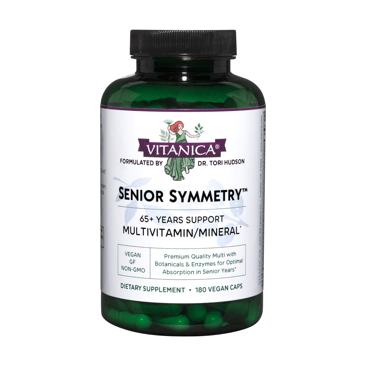 Vitanica Senior Symmetry bottle front for aging adults with vegan multivitamin.