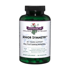 Vitanica Senior Symmetry bottle front for aging adults with vegan multivitamin.