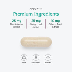 Vitanica Senior Symmetry ingredients panel featuring Rhodiola, Ginkgo, Bilberry.