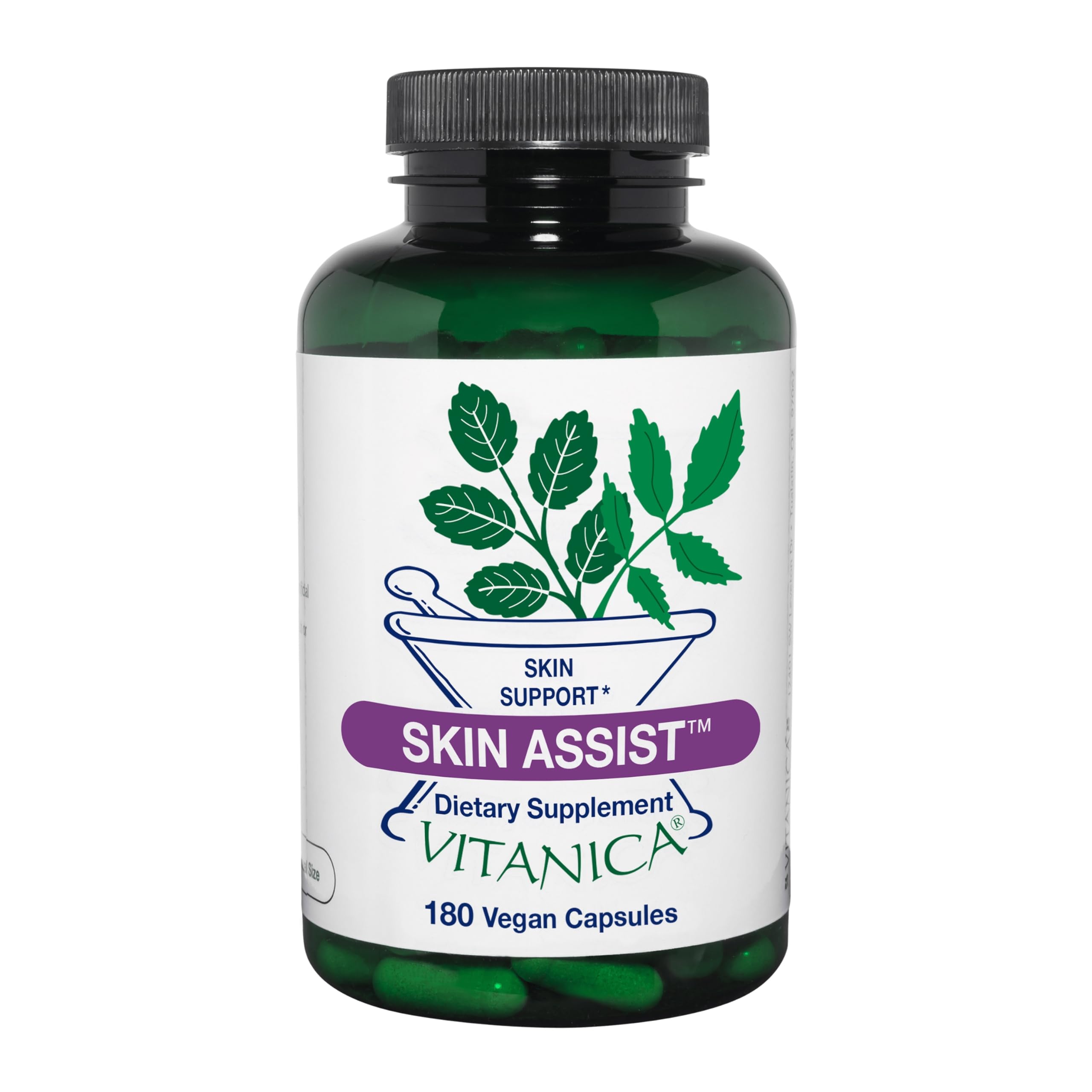 Vitanica Skin Assist bottle front highlighting vegan skin support and vitality
