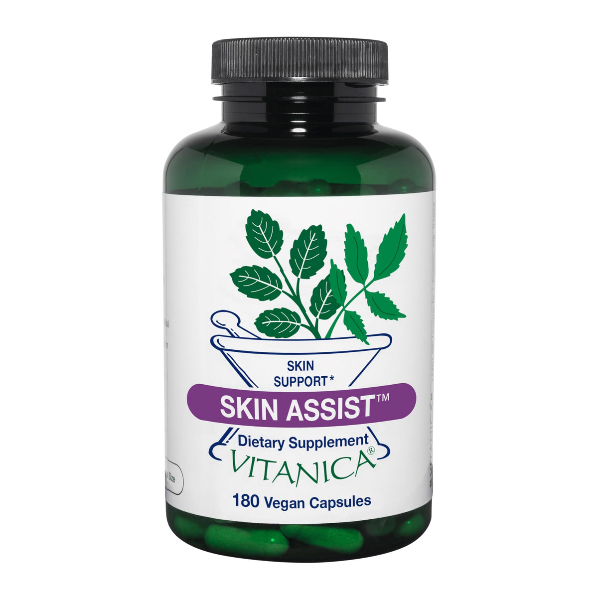 Vitanica Skin Assist bottle front highlighting vegan skin support and vitality