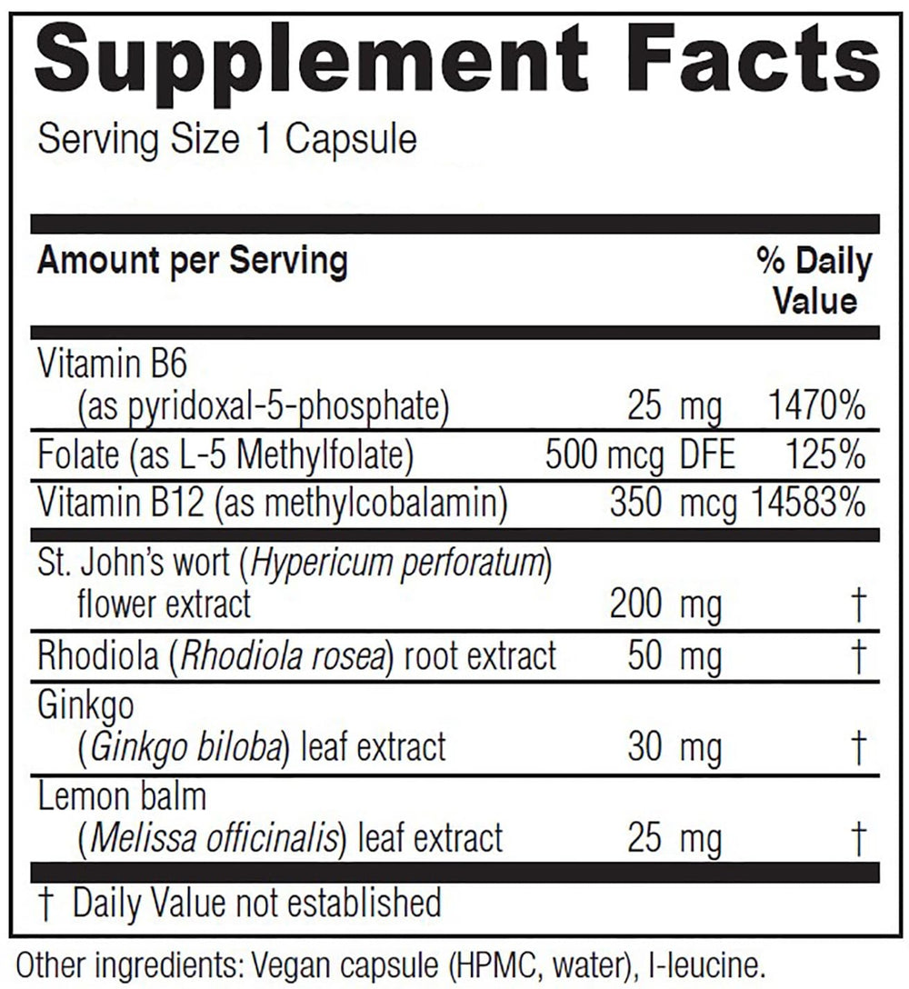 Vitanica Uplift bottle-back label highlights ingredients for daily emotional balance.