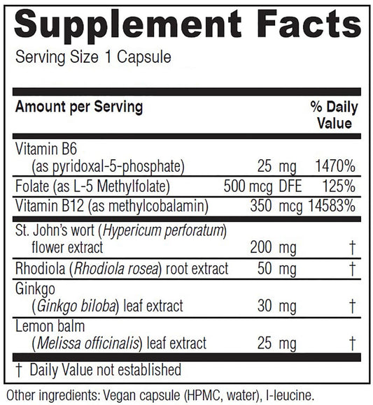 Vitanica Uplift bottle-back label highlights ingredients for daily emotional balance.