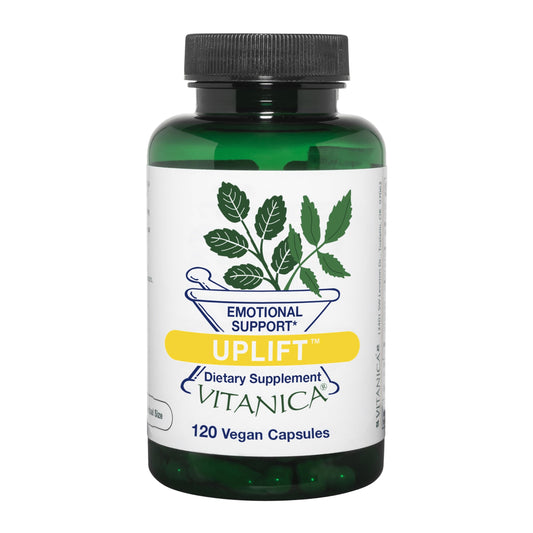 Vitanica Uplift bottle closed with label, for daily mood support