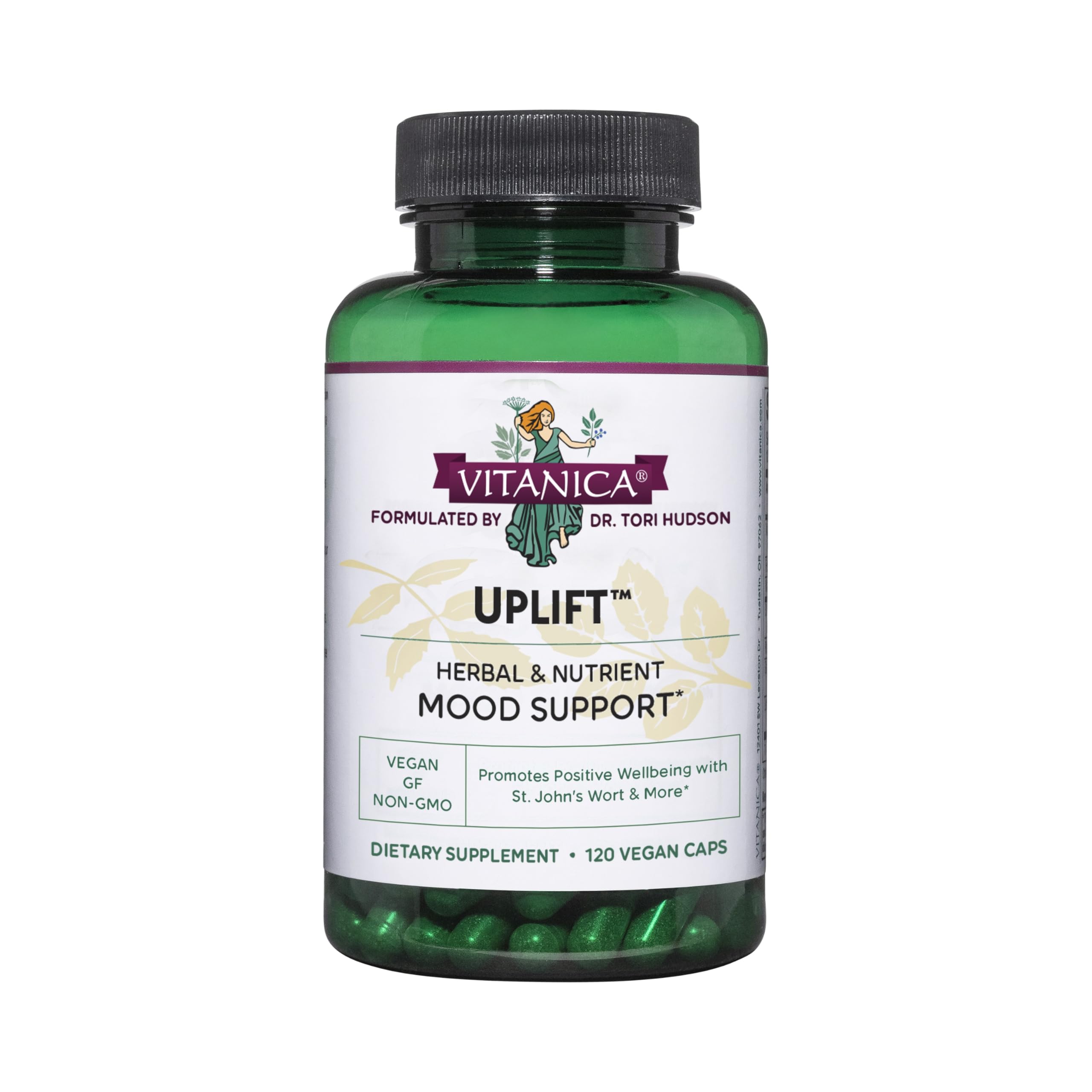 Vitanica Uplift bottle-front showing vegan mood support in convenient capsules.
