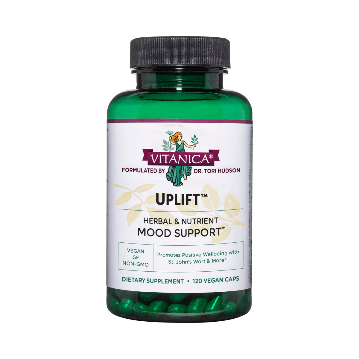 Vitanica Uplift bottle-front showing vegan mood support in convenient capsules.