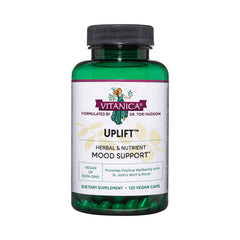 Vitanica Uplift bottle-front showing vegan mood support in convenient capsules.