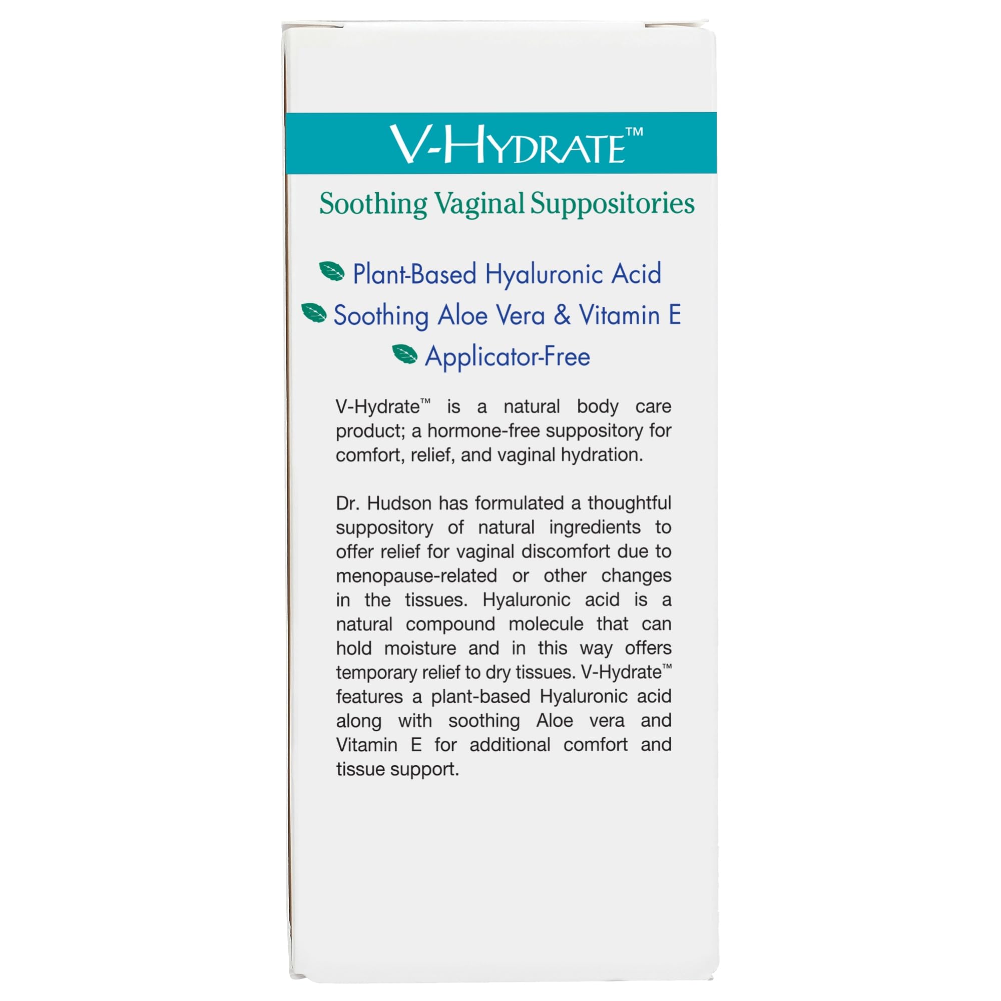 Ingredients panel for Vitanica V-Hydrate with hyaluronic acid, aloe, and vitamin E.