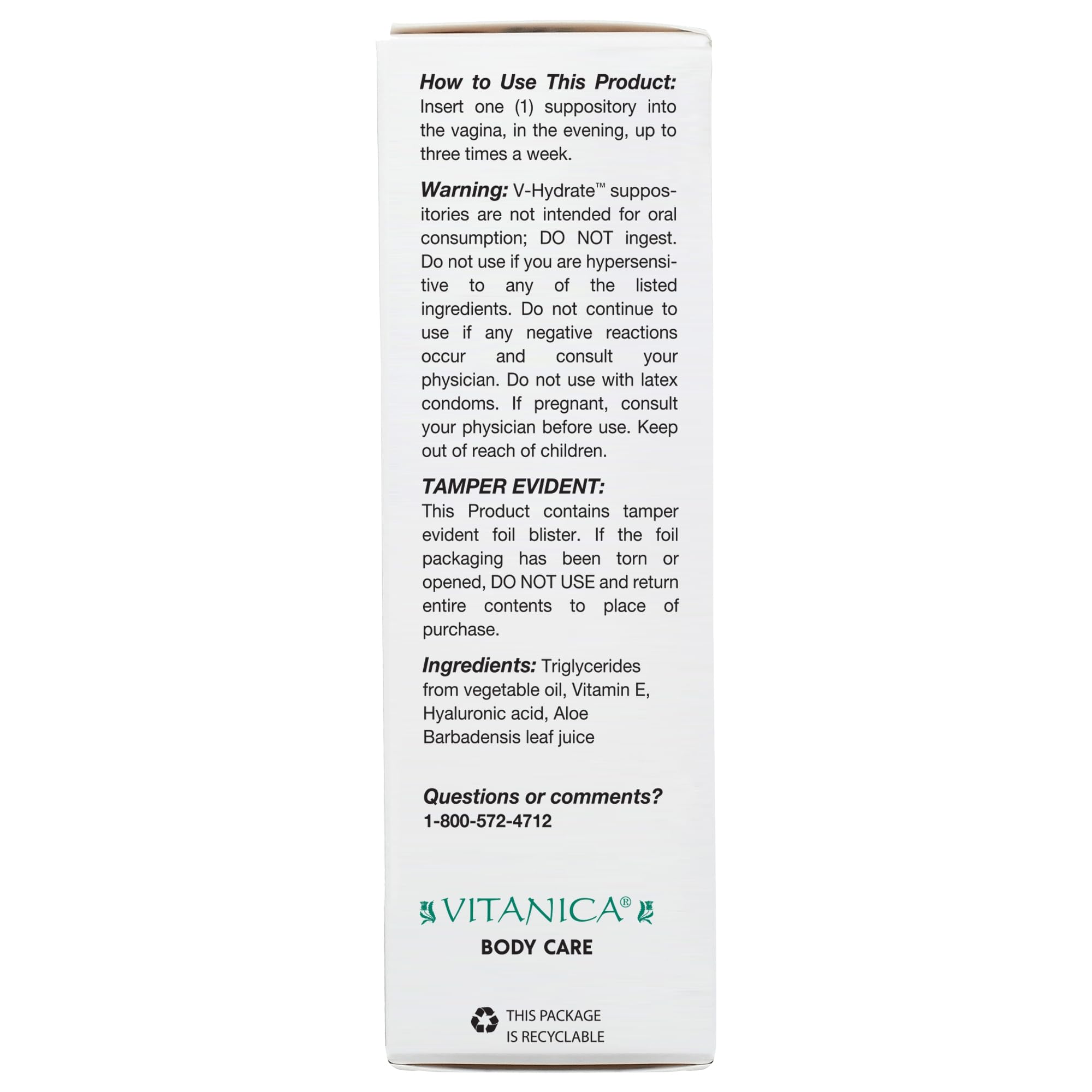 Close-up of Vitanica V-Hydrate 24-count suppositories package.