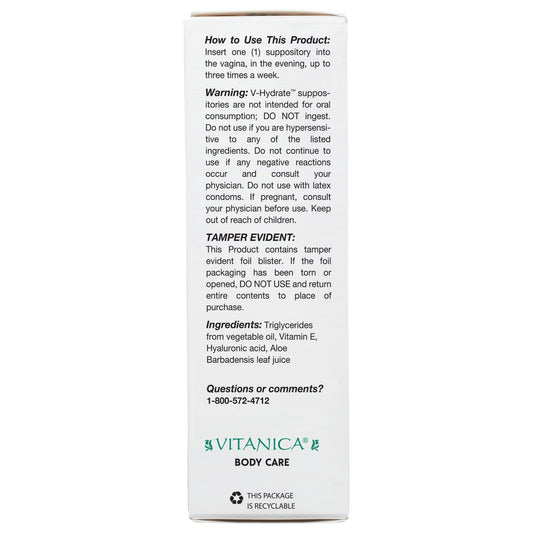 Close-up of Vitanica V-Hydrate 24-count suppositories package.