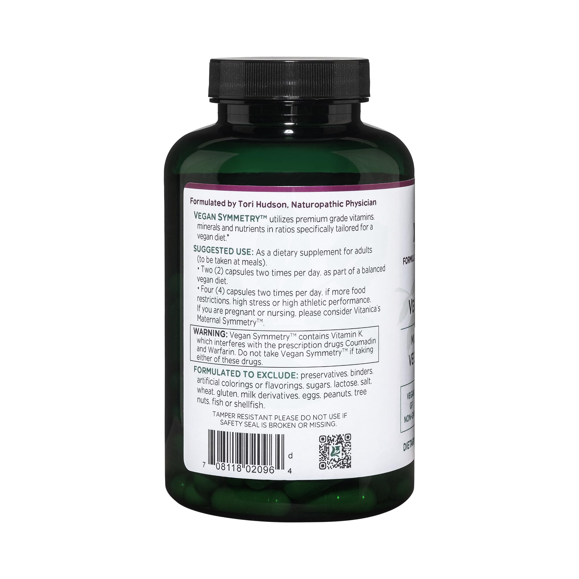 Vitanica Vegan Symmetry nutrition facts highlight gluten-free and iron-free formula