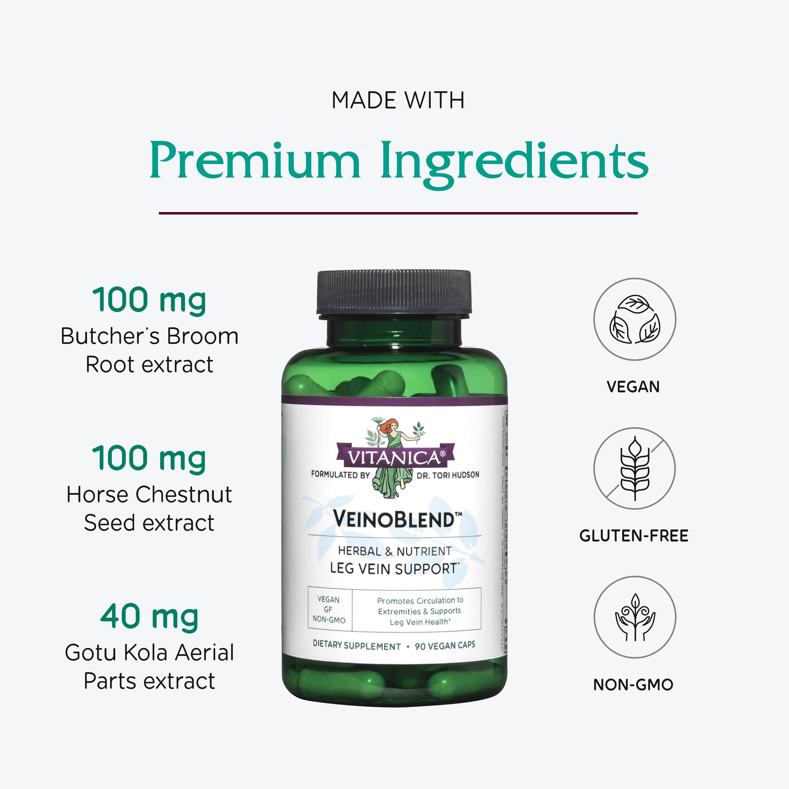 Vitanica VeinoBlend label close-up shows vegan-friendly, non-GMO formulation