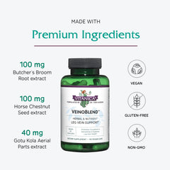 Vitanica VeinoBlend label close-up shows vegan-friendly, non-GMO formulation