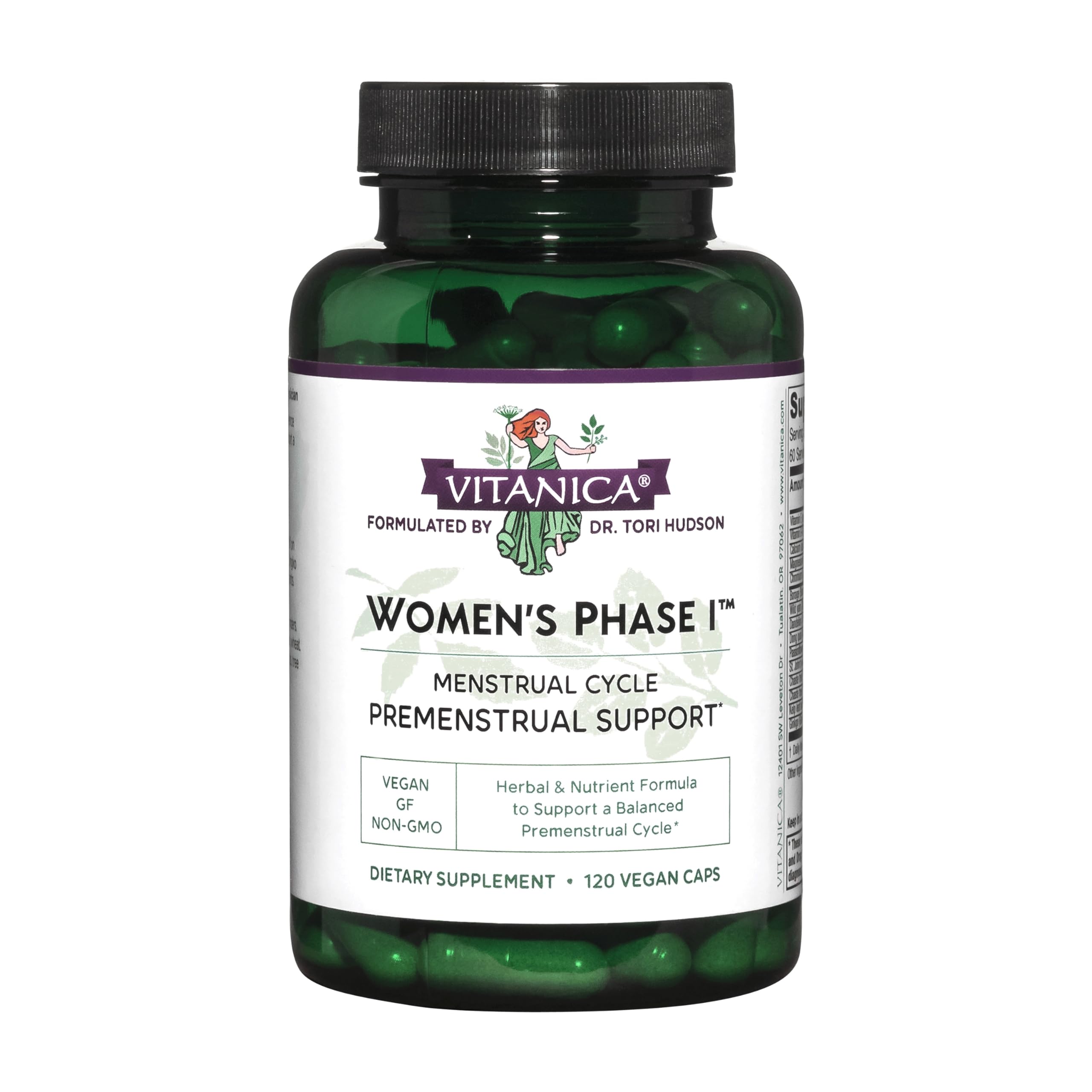 Vitanica Women's Phase I capsules close-up for vegan PMS support