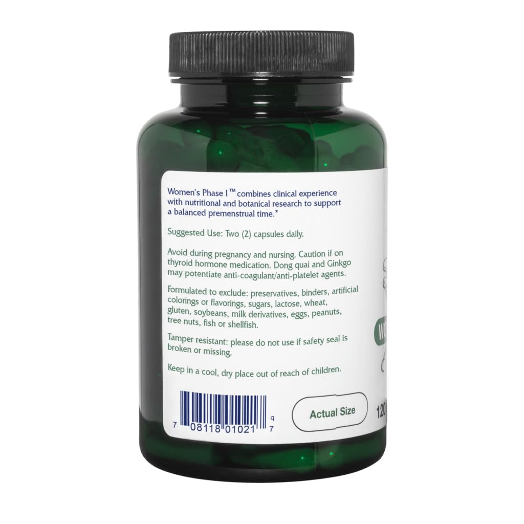 Vitanica Women's Phase I box label communicates clean, allergen-free formulation for menstrual balance.