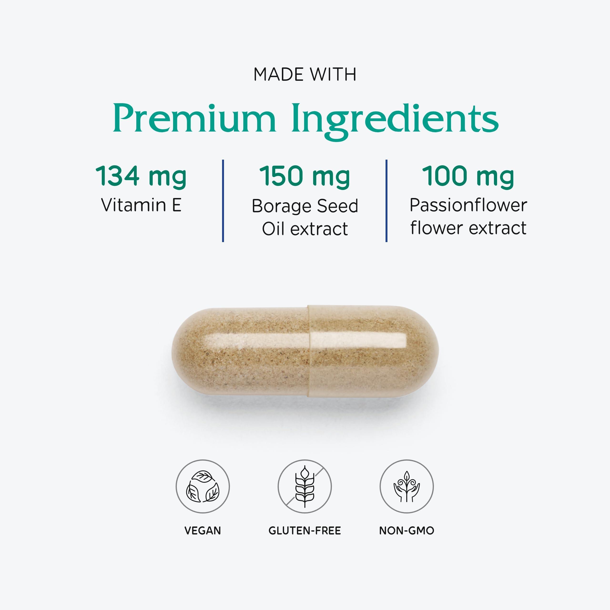 Vitanica Phase I facts panel showcases key nutrients supporting cycle comfort.