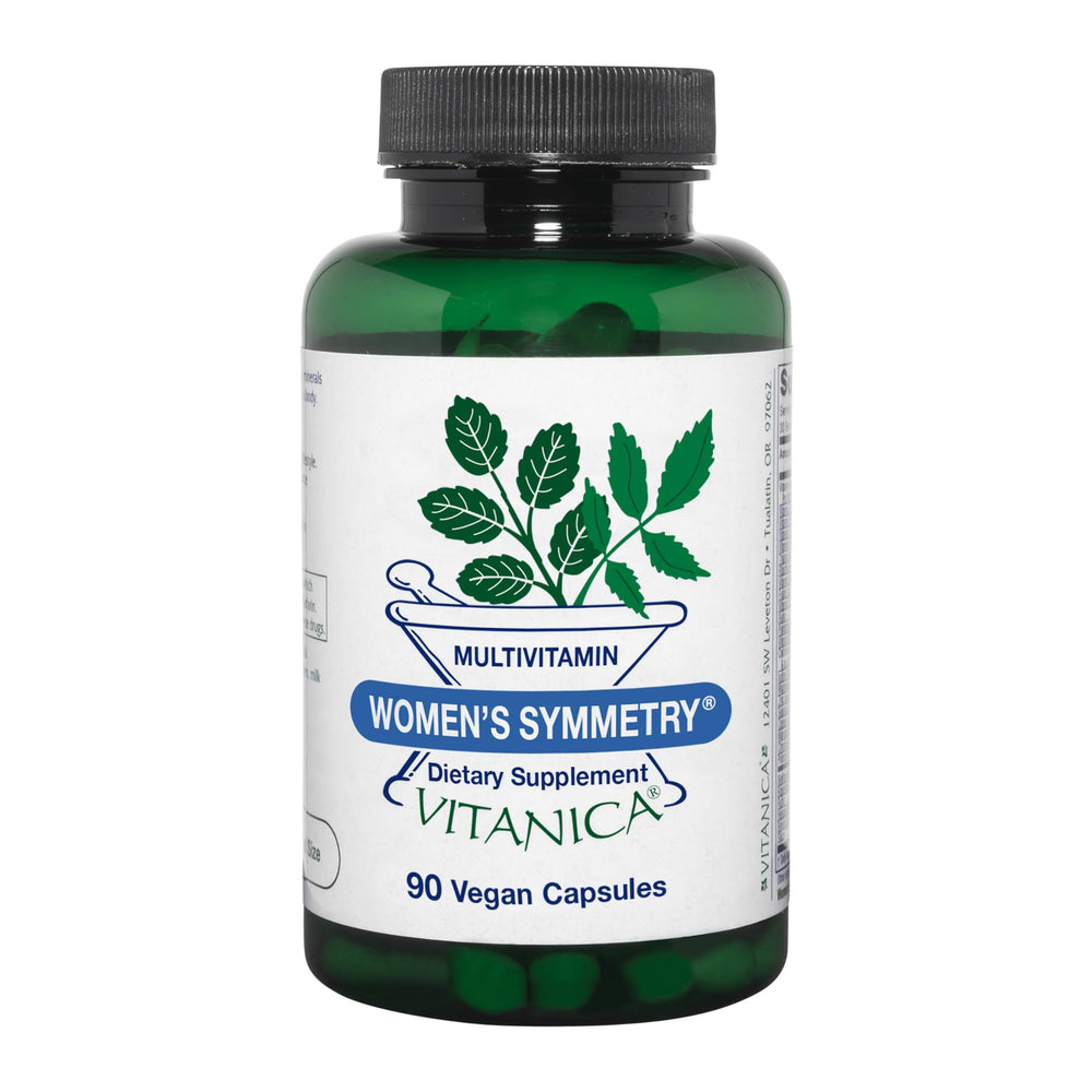 Vitanica Women's Symmetry bottle front showcases a vegan multivitamin for daily balance.