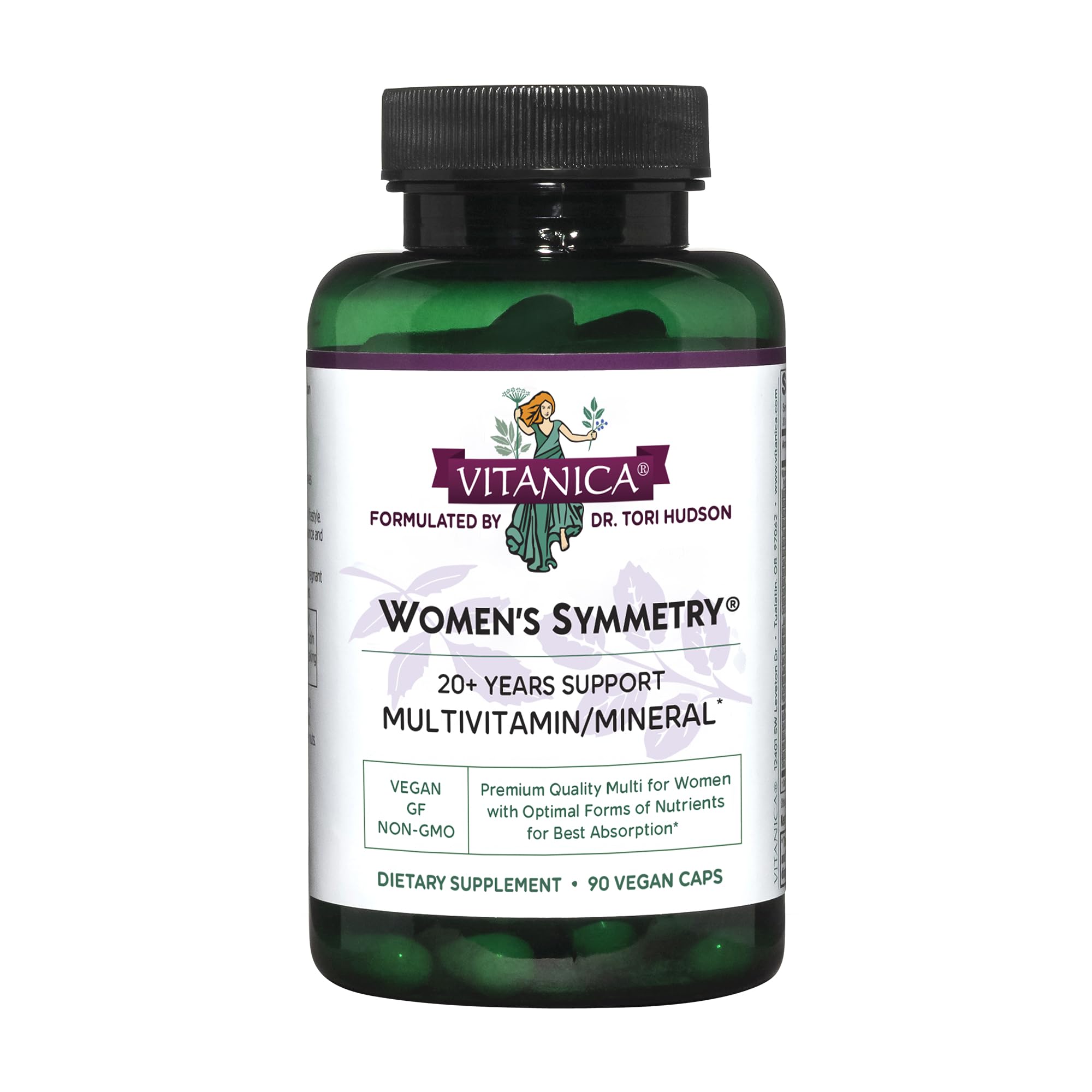 Vitanica Women's Symmetry bottle front for daily vegan multivitamin use.