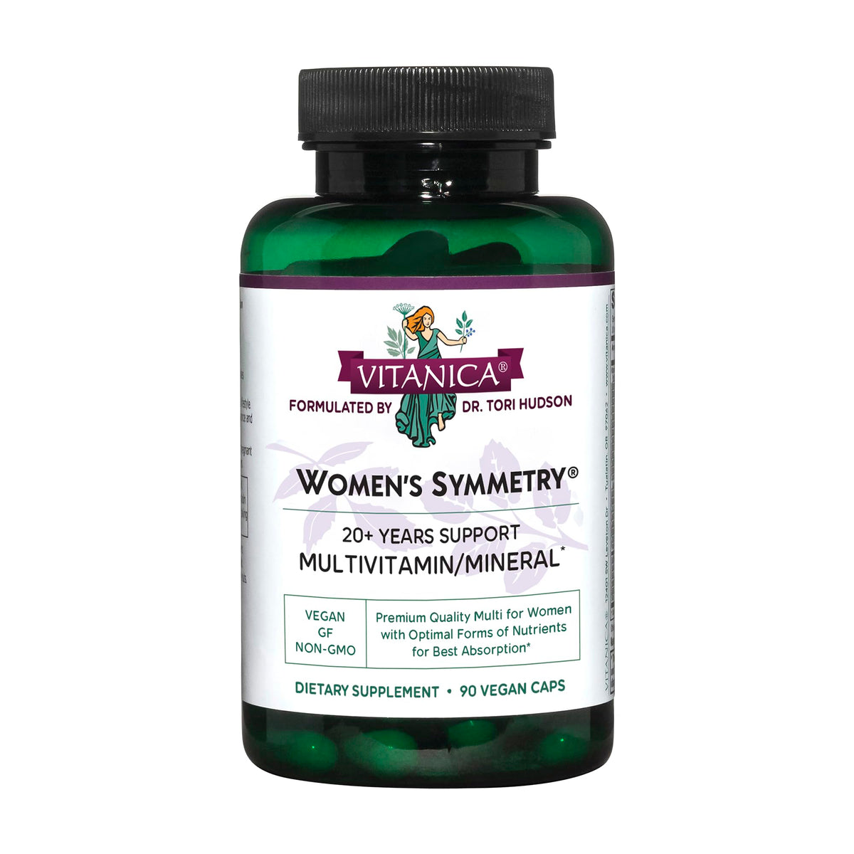 Vitanica Women's Symmetry bottle front for daily vegan multivitamin use.