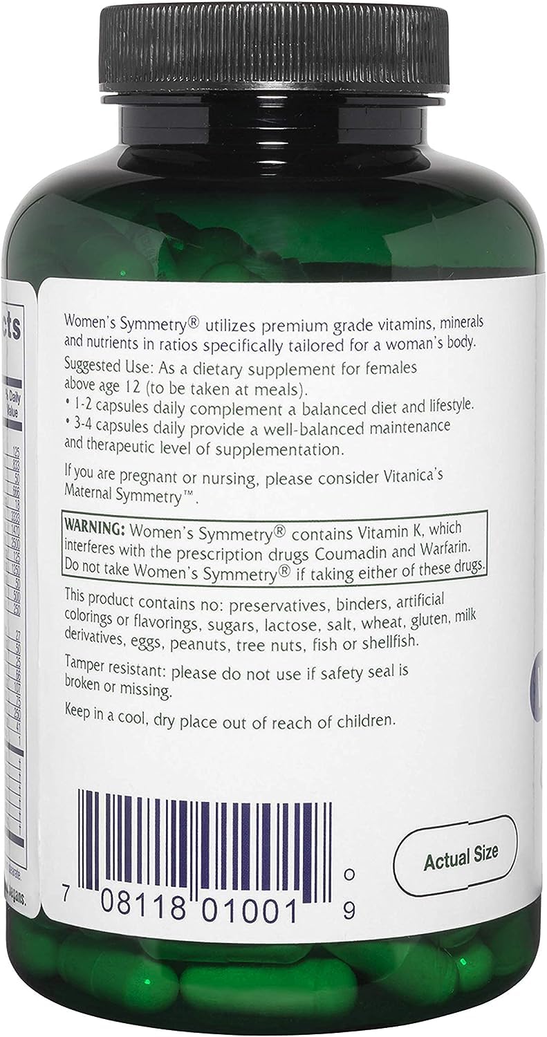 Label close-up of Vitanica Women's Symmetry showing vegan and non-GMO features