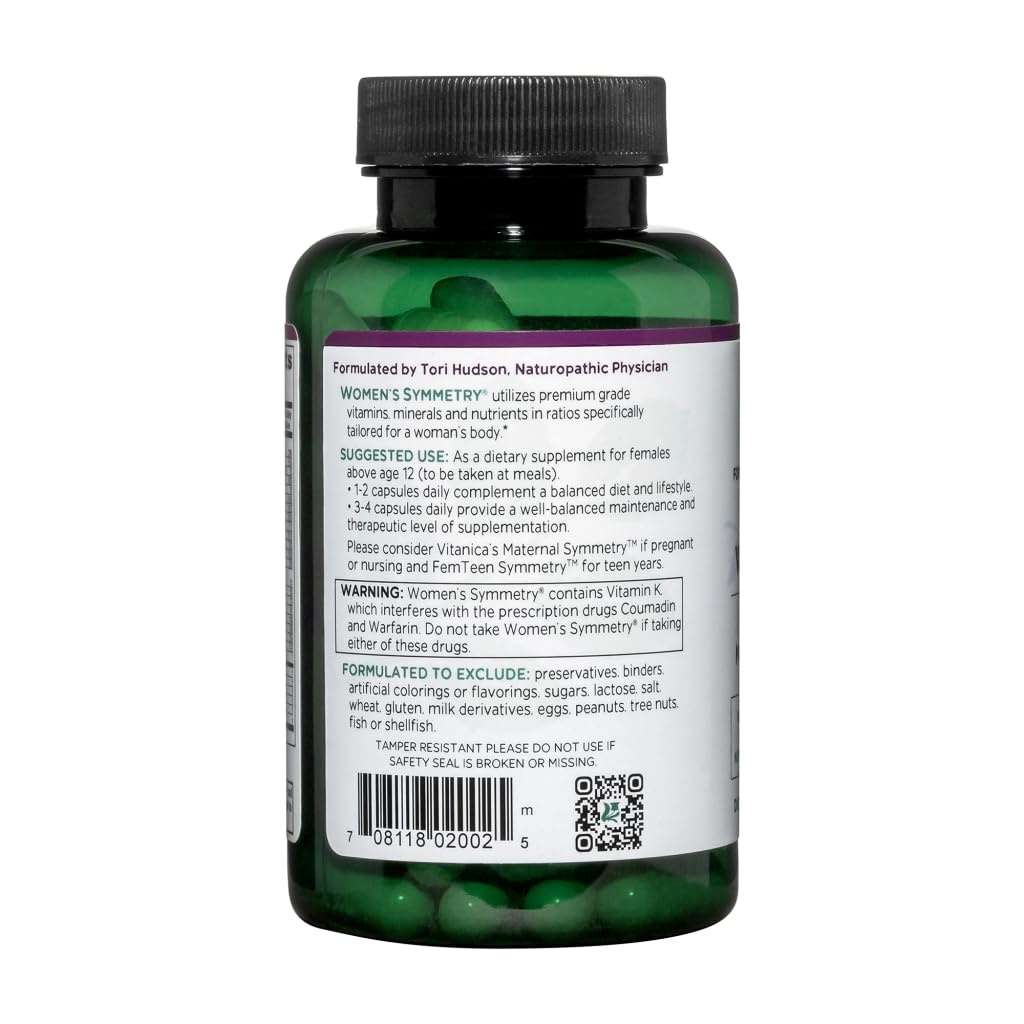 Vitanica Women's Symmetry label detail emphasizing allergen-free formulation.