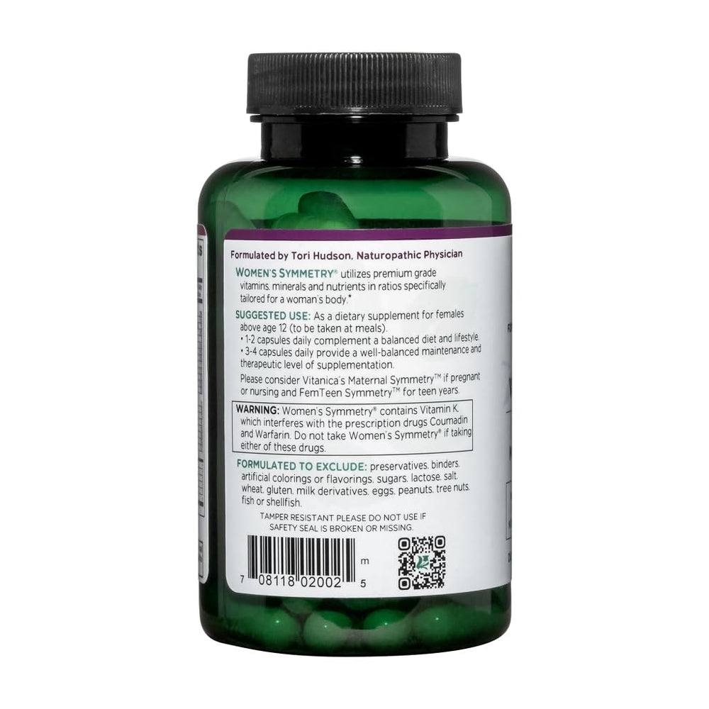 Vitanica Women's Symmetry label detail emphasizing allergen-free formulation.