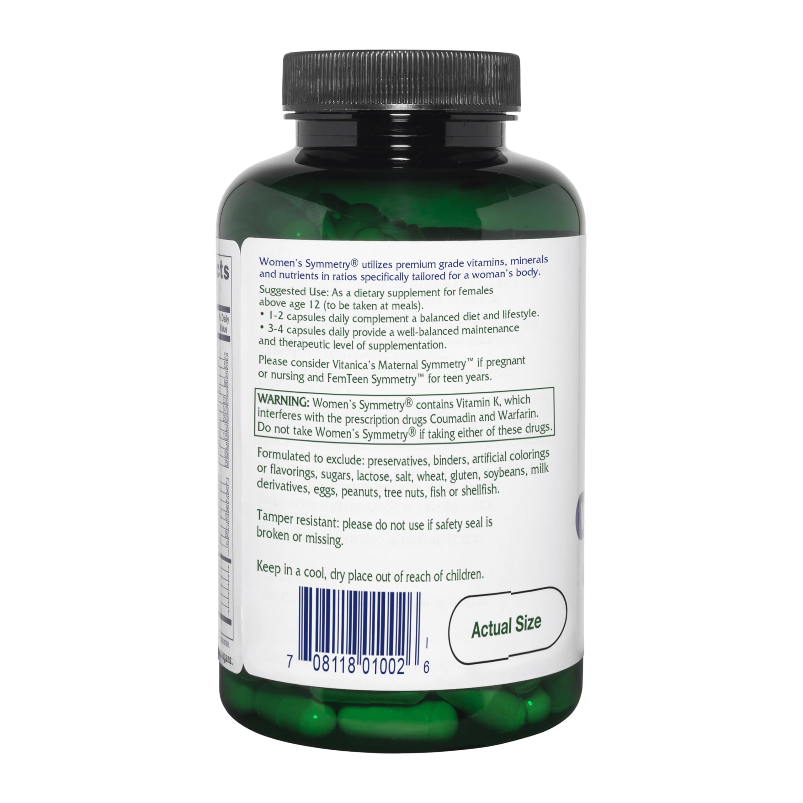 Vitanica Women's Symmetry tablets closeup shows high potency capsules.