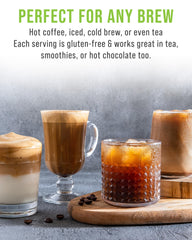VitaPerk Energy coffee add-in shows easy boost for hot or cold drinks.