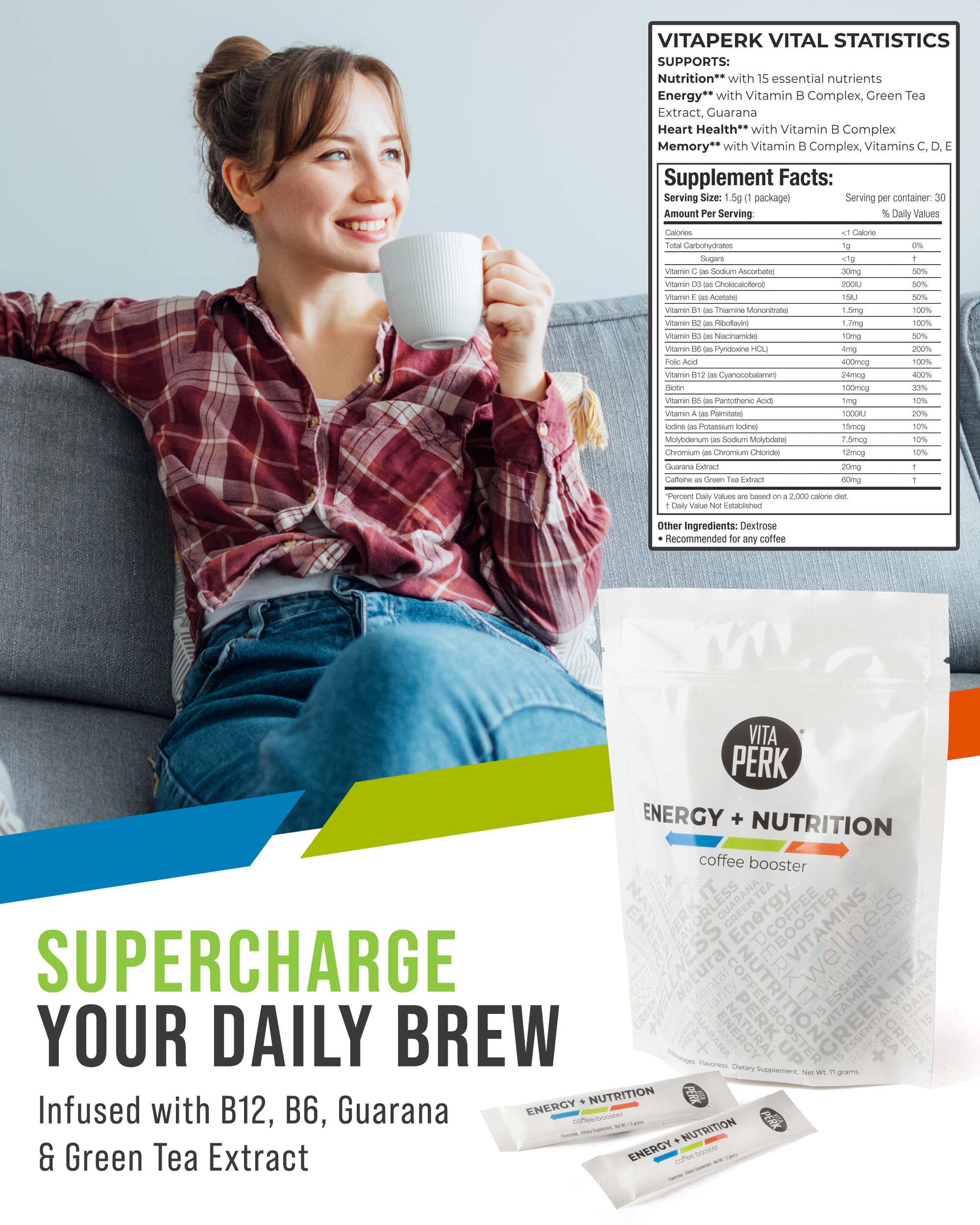 VitaPerk Energy label close-up emphasizes gluten-free and low-calorie formula.
