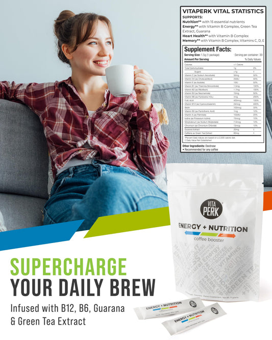 VitaPerk Energy label close-up emphasizes gluten-free and low-calorie formula.