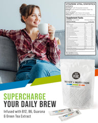 VitaPerk Energy label close-up emphasizes gluten-free and low-calorie formula.