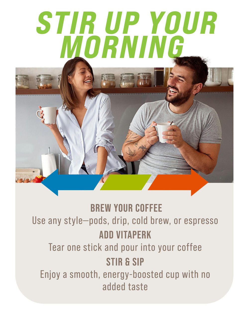 VitaPerk Energy quick-dissolve tablets beside a cup for hot or cold drinks.