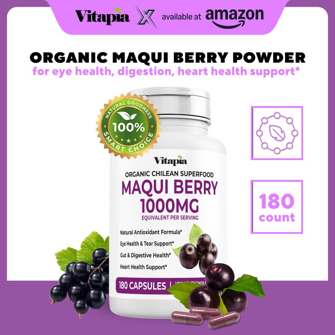 Vitapia Maqui Berry bottle front view highlighting vegan, gluten-free formula.