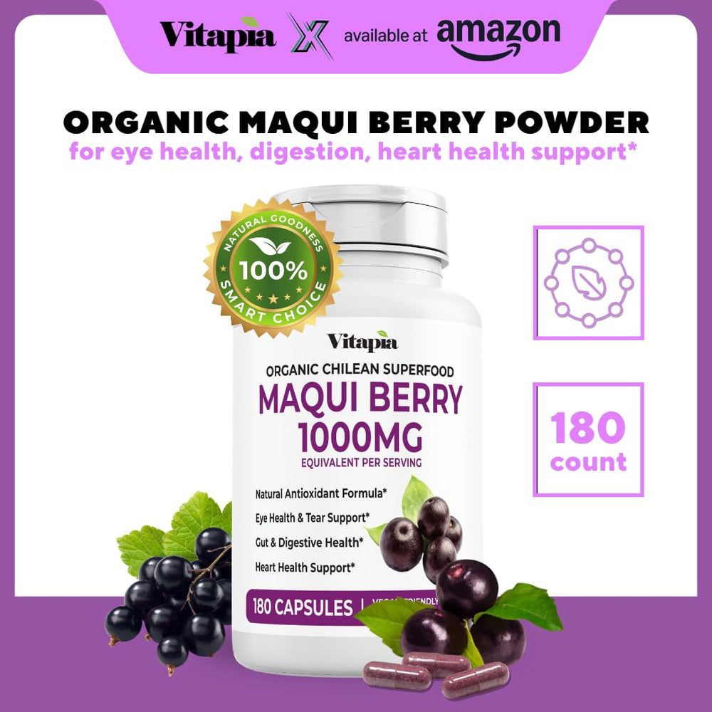 Vitapia Maqui Berry bottle front view highlighting vegan, gluten-free formula.