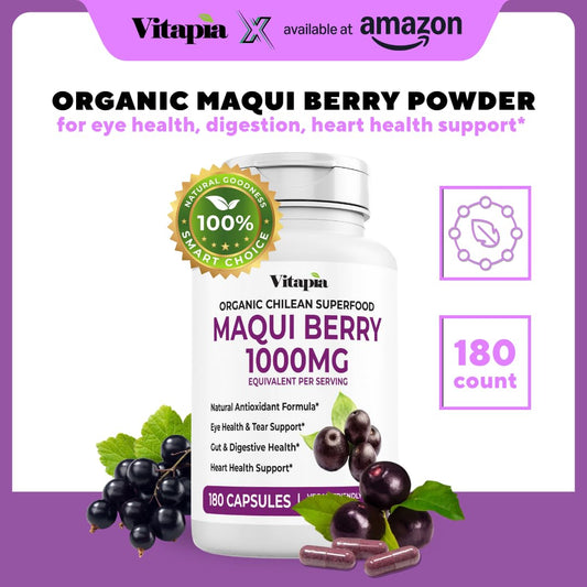 Vitapia Maqui Berry bottle front view highlighting vegan, gluten-free formula.