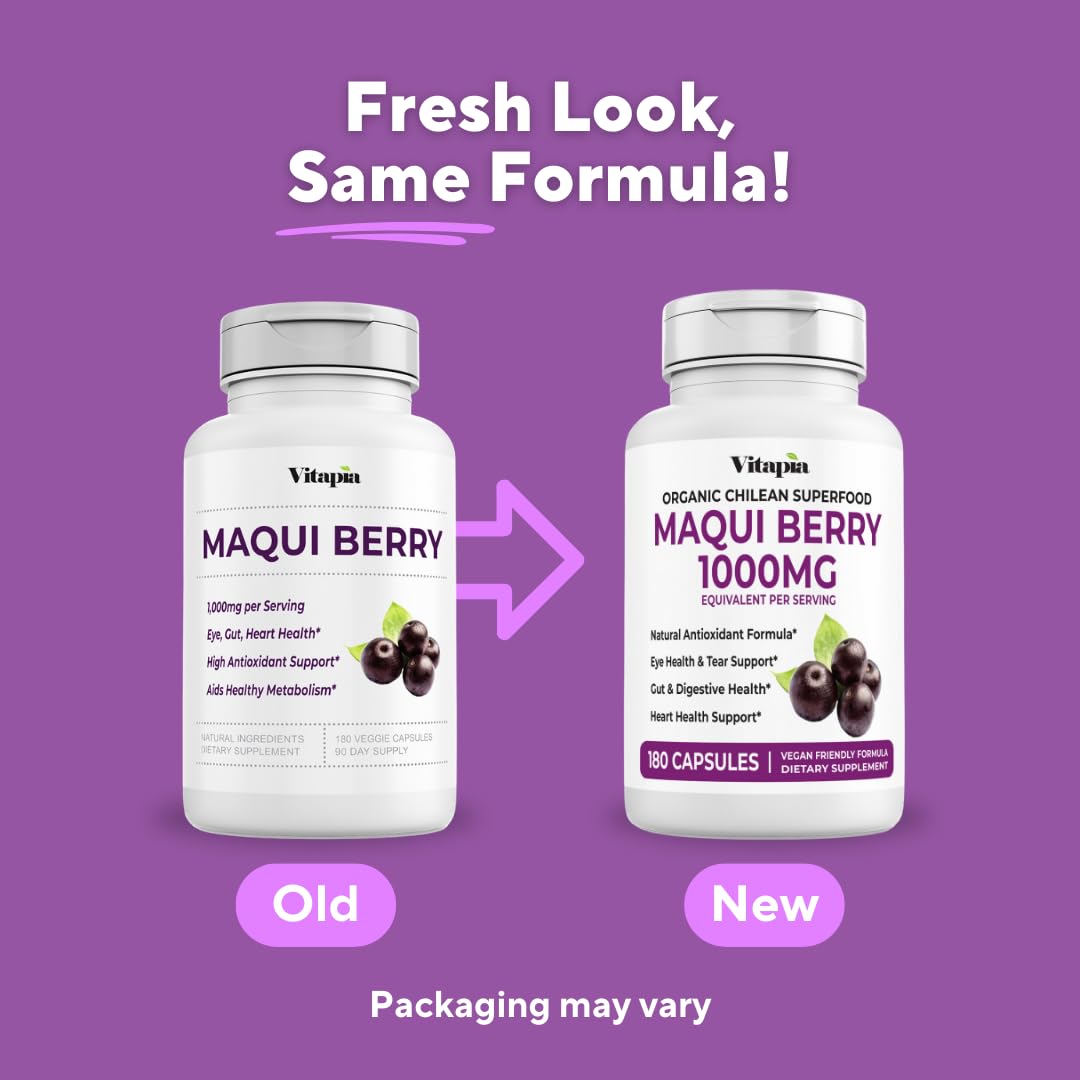 Close-up of Vitapia Maqui Berry label showing non-GMO commitment.