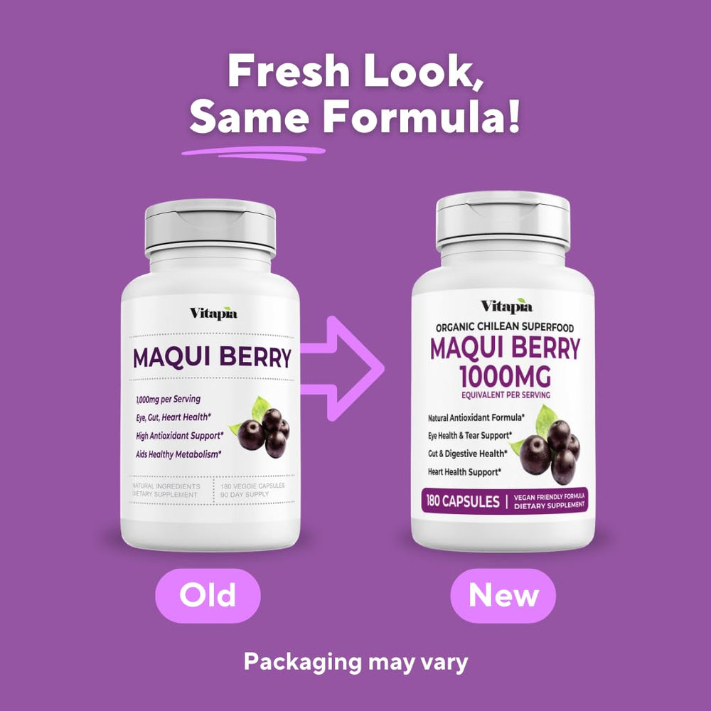 Close-up of Vitapia Maqui Berry label showing non-GMO commitment.