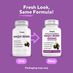Close-up of Vitapia Maqui Berry label showing non-GMO commitment.