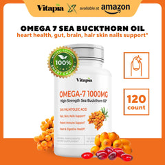 Vitapia sea buckthorn oil bottle with label highlighting antioxidant benefits.