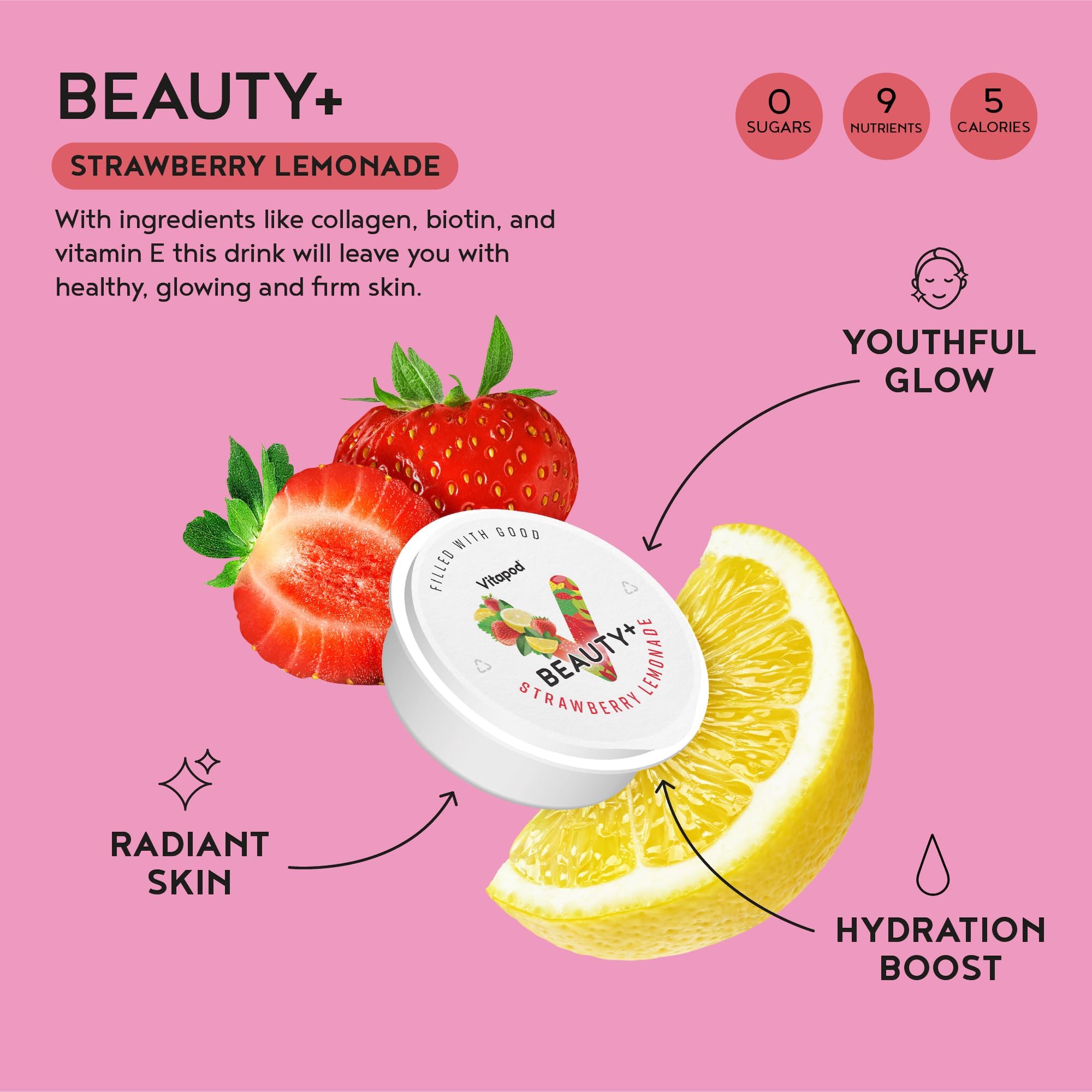 Vitapod Beauty+ strawberry lemonade pod pour shows quick, mess-free use