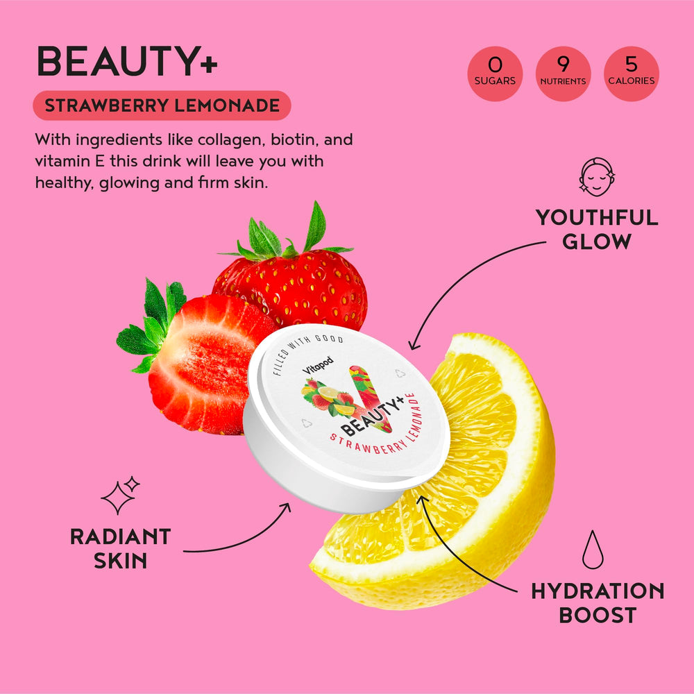 Vitapod Beauty+ strawberry lemonade pod pour shows quick, mess-free use